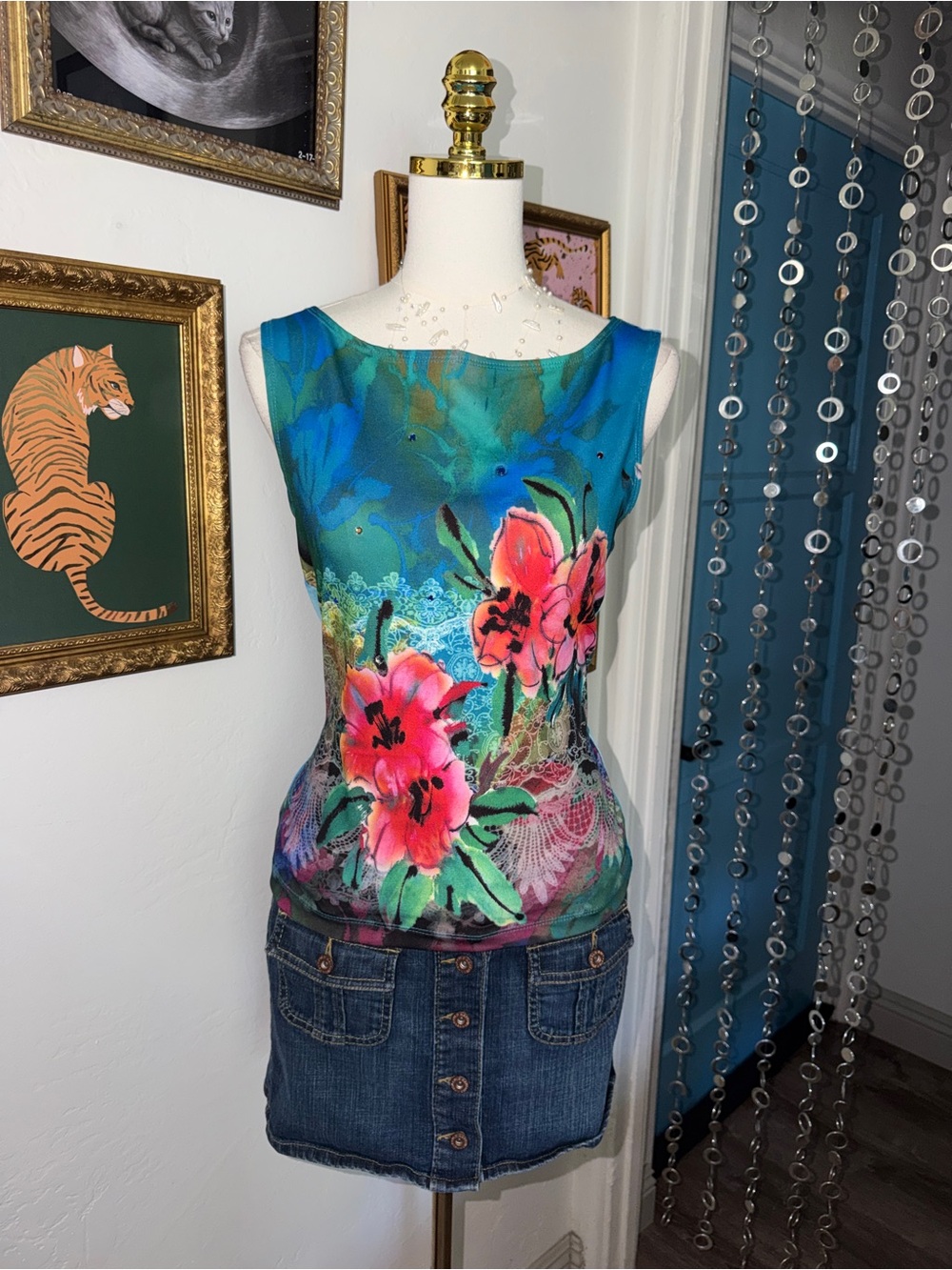 Vintage Y2K Floral Sleeveless Top in Teal with Pink Flowers